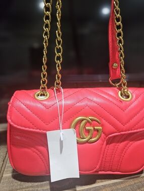 Red Quilted Heart Shoulder Bag with Gold Chain Strap
